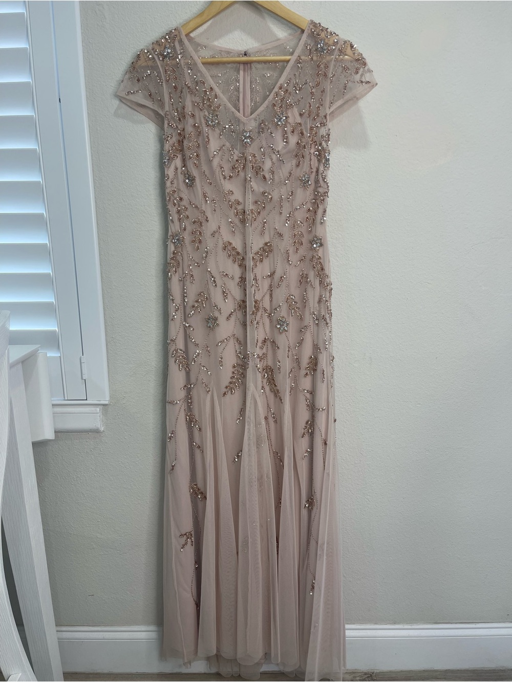 Adrianna Papell Beaded V-Neck Godet Gown in Blush